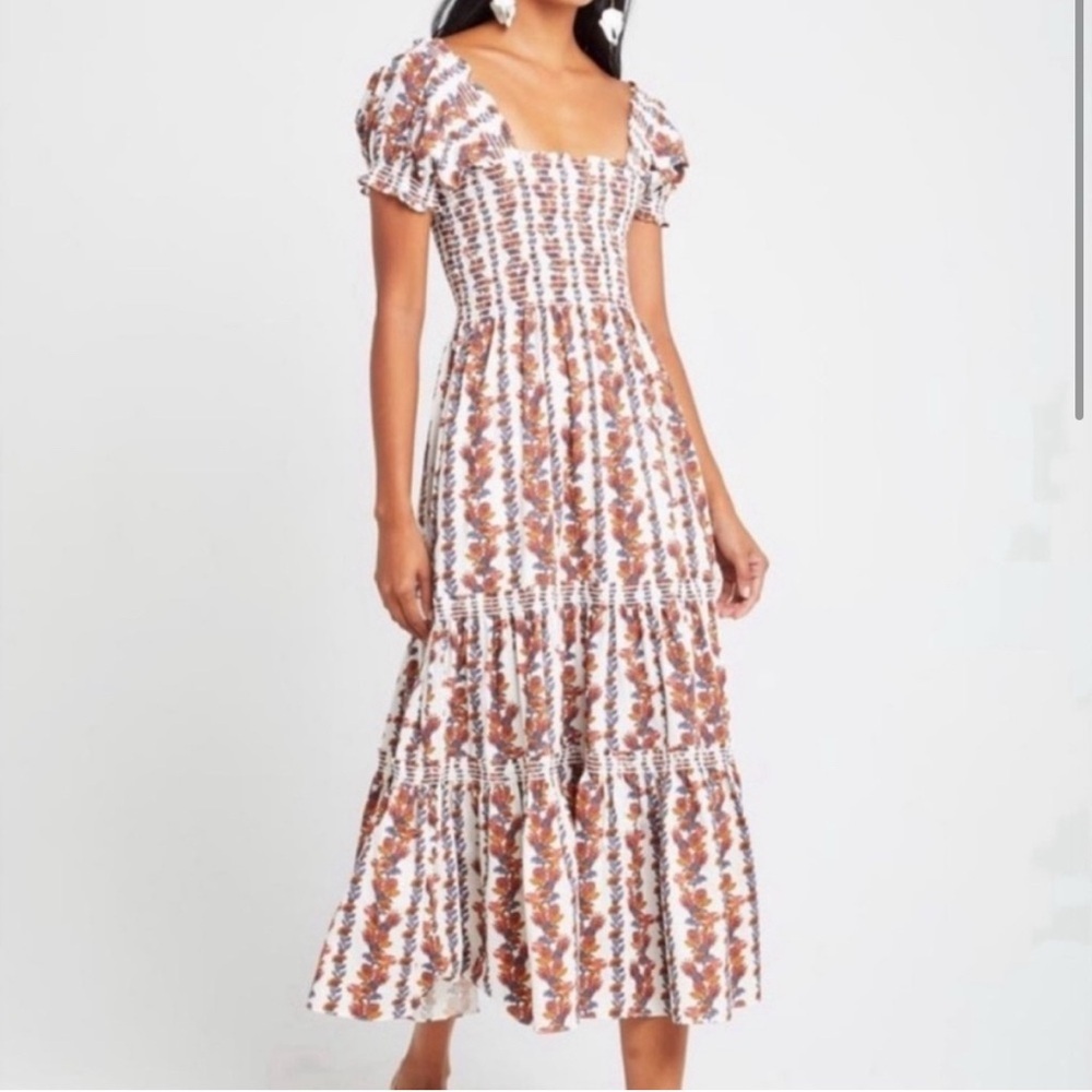 NWT O.P.T Daphne multi Floral Smocked Short Sleeve Maxi Dress L